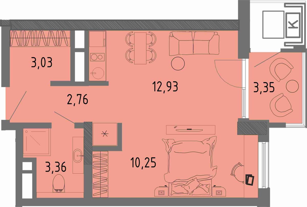 Студия, 33.33 м² · СОК