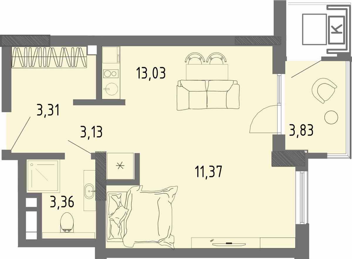 Студия, 35.35 м² · СОК
