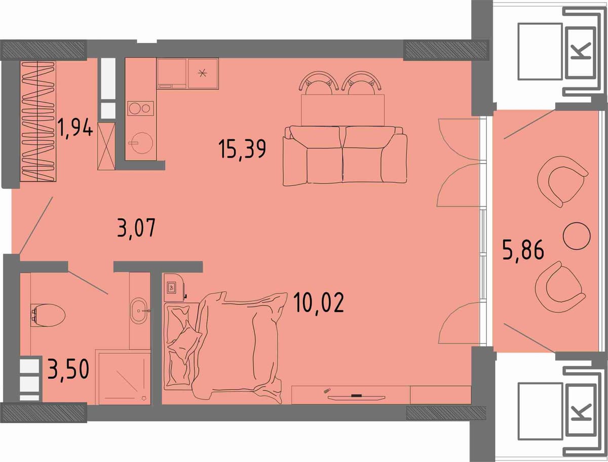 Студия, 35.68 м² · СОК