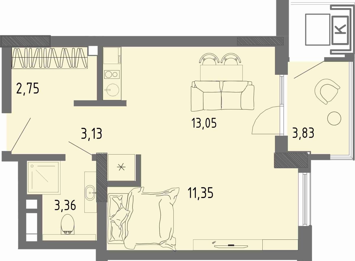 Студия, 34.79 м² · СОК