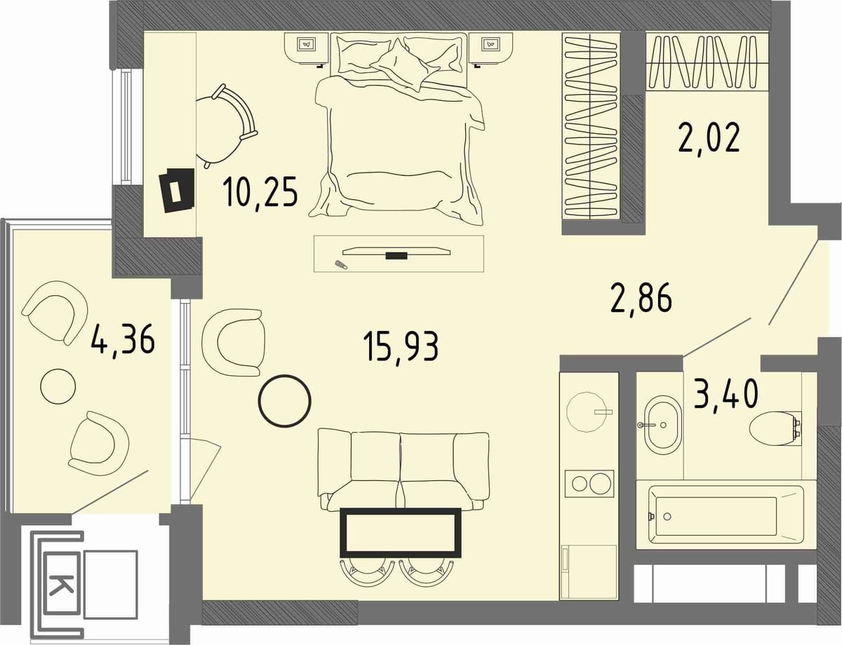 Студия, 35.77 м² · СОК