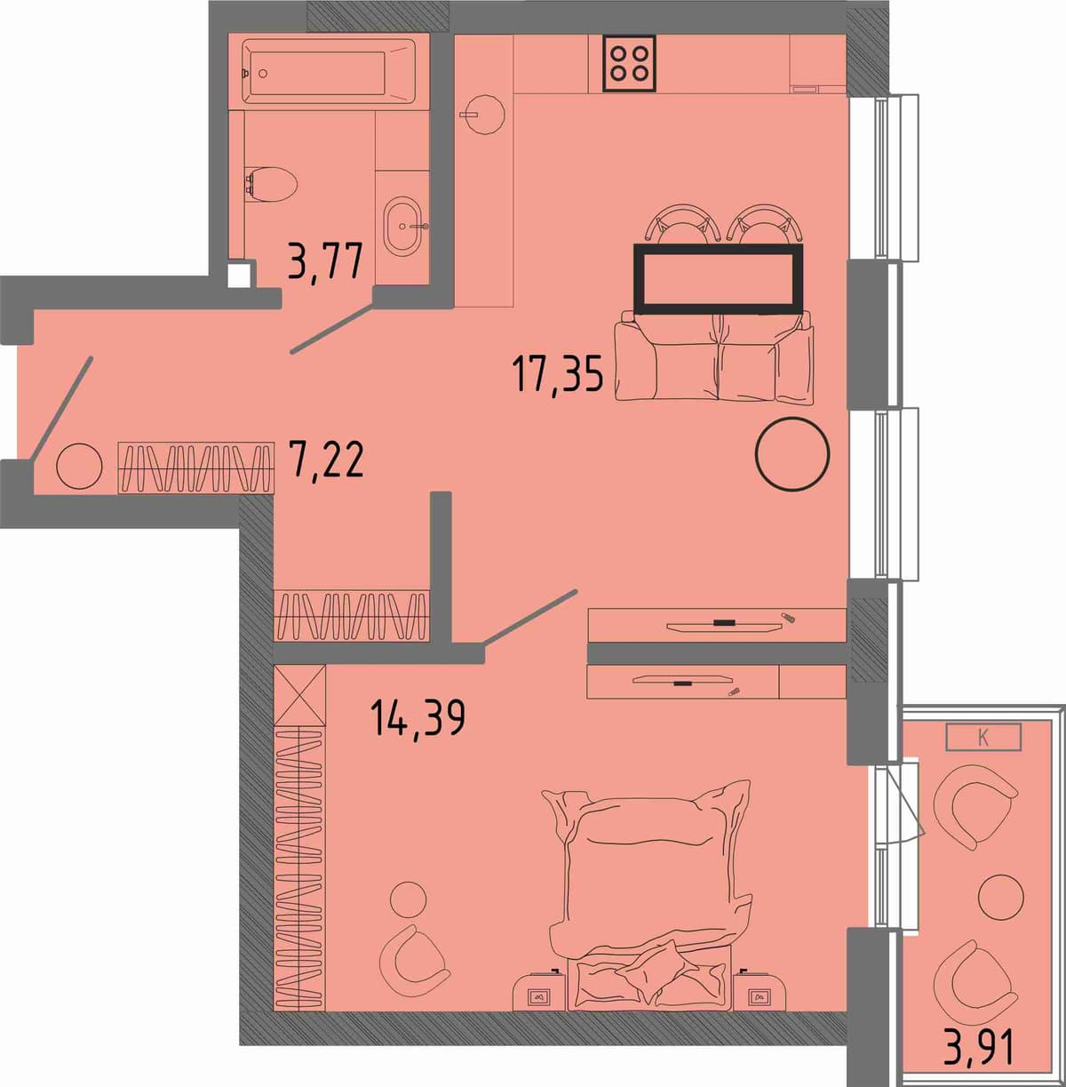 1-к, 43.9 м² · СОК