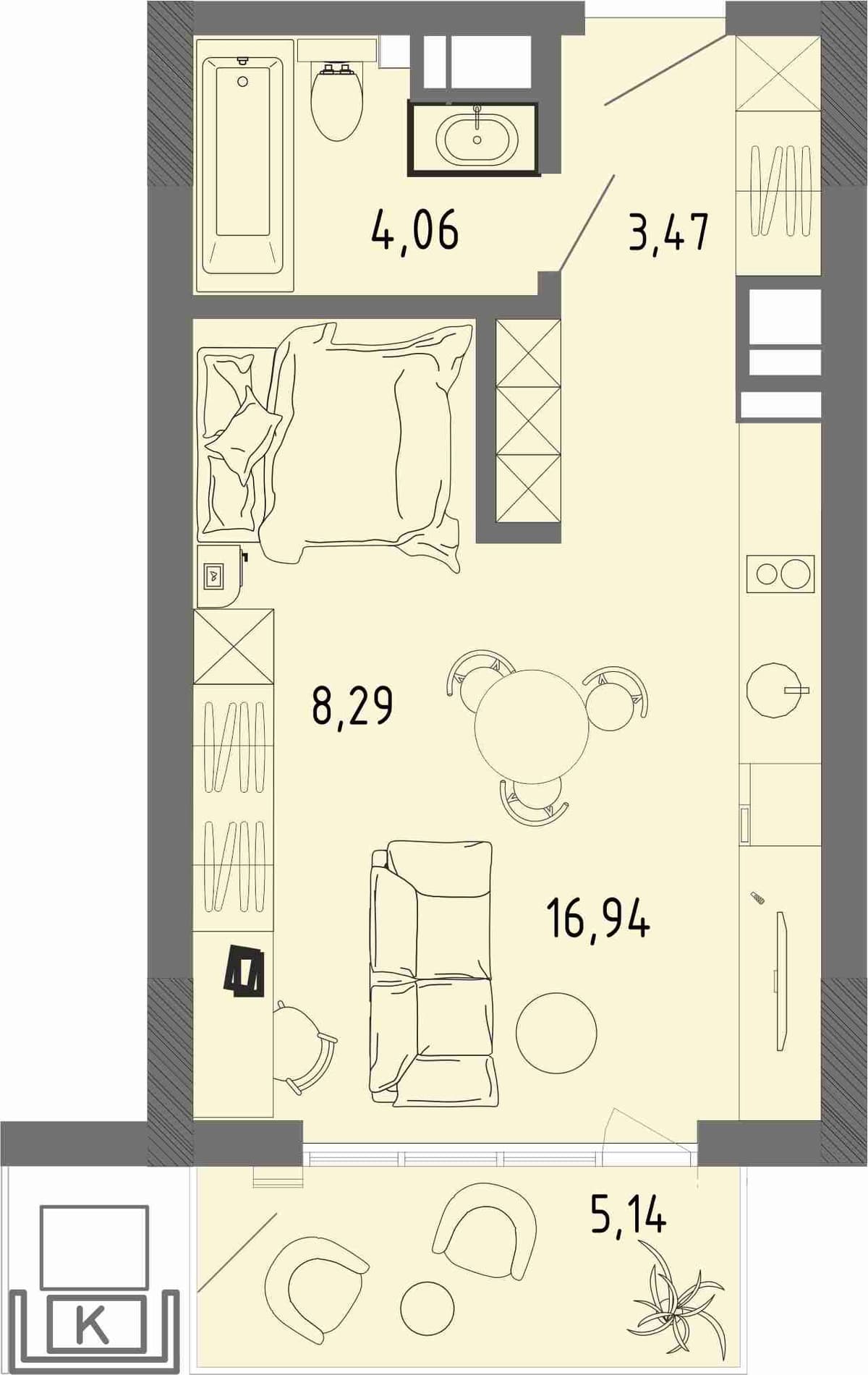Студия, 34.3 м² · СОК