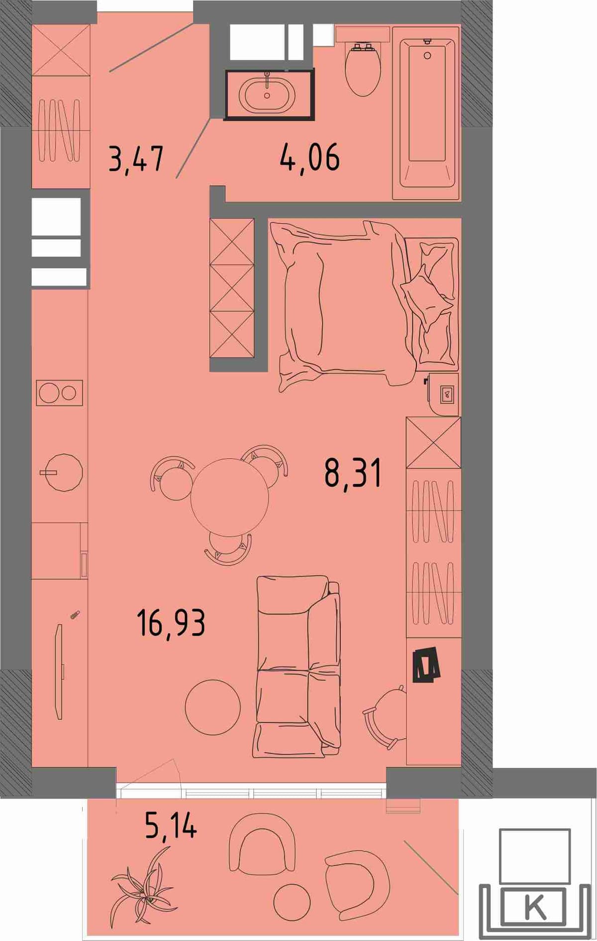 Студия, 34.31 м² · СОК