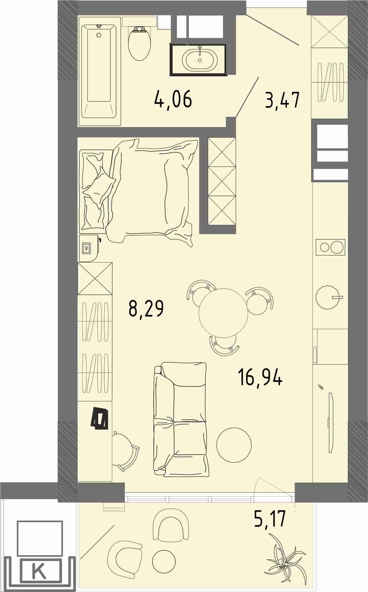 Студия, 34.31 м² · СОК