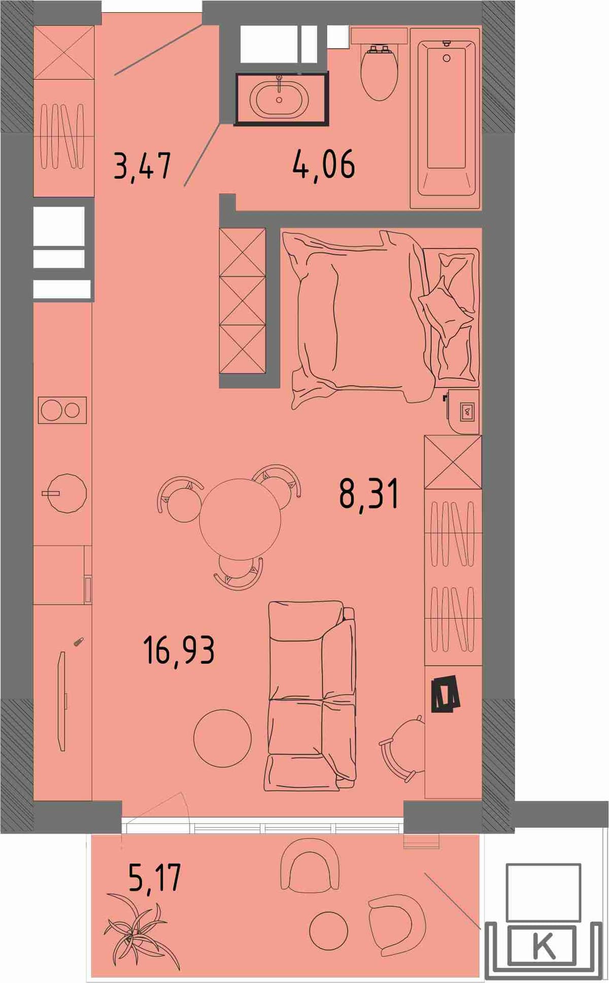 Студия, 34.32 м² · СОК