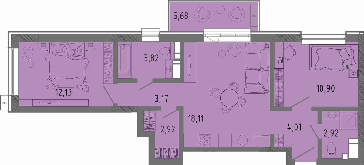 2-к, 59.68 м² · СОК