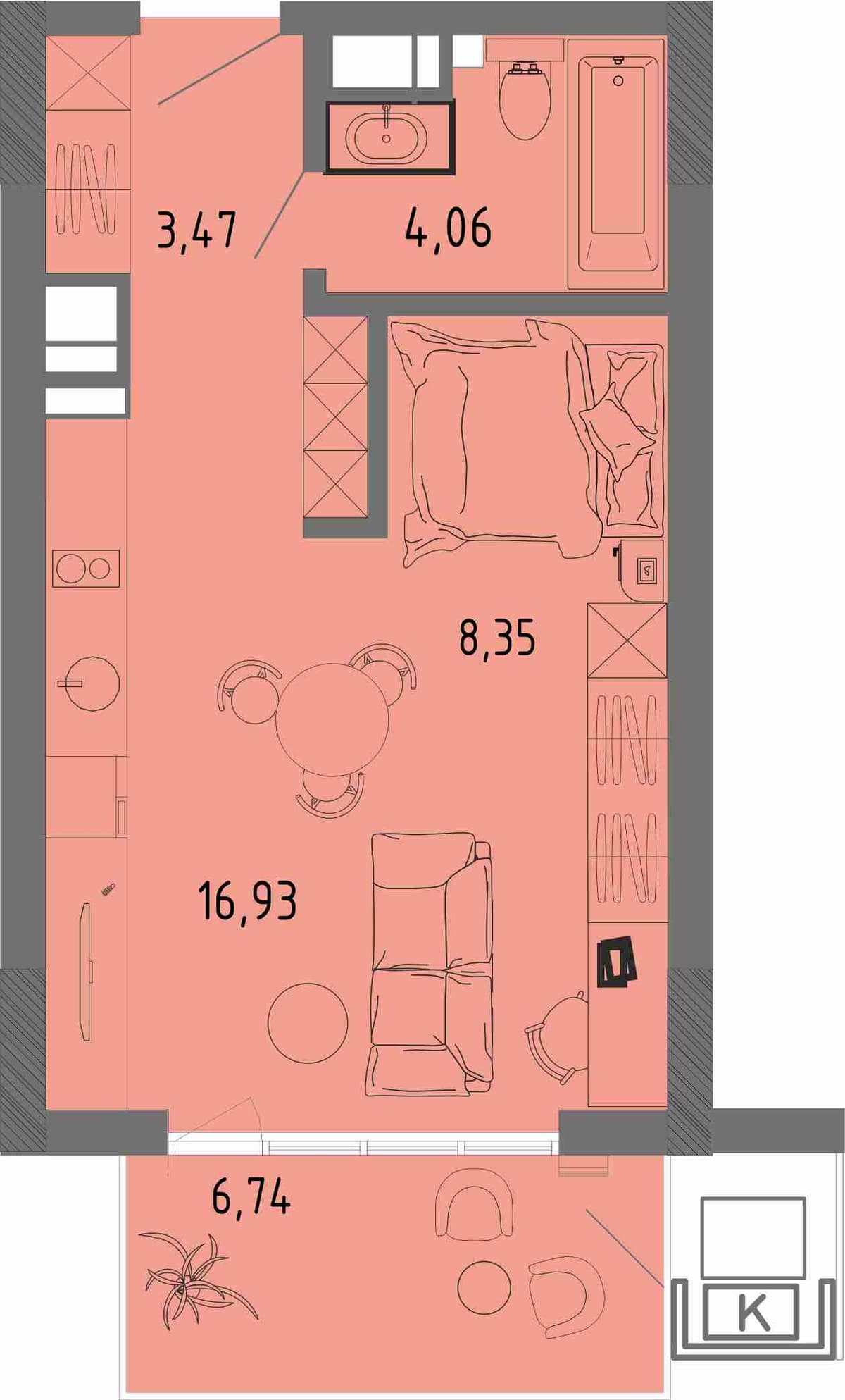 Студия, 34.83 м² · СОК