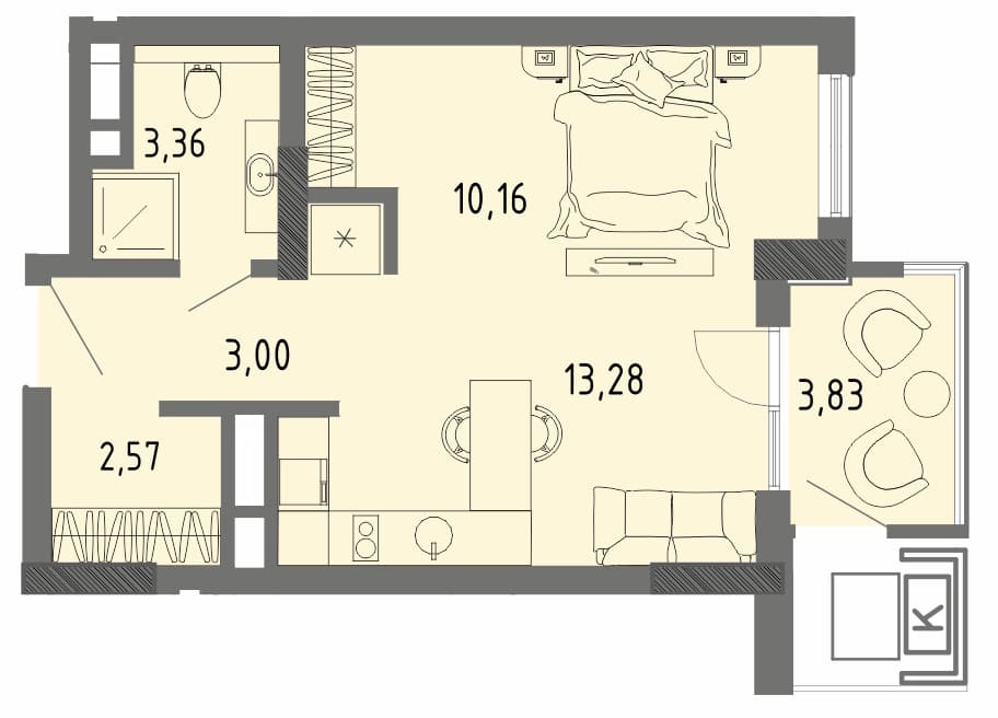 Студия, 33.52 м² · СОК