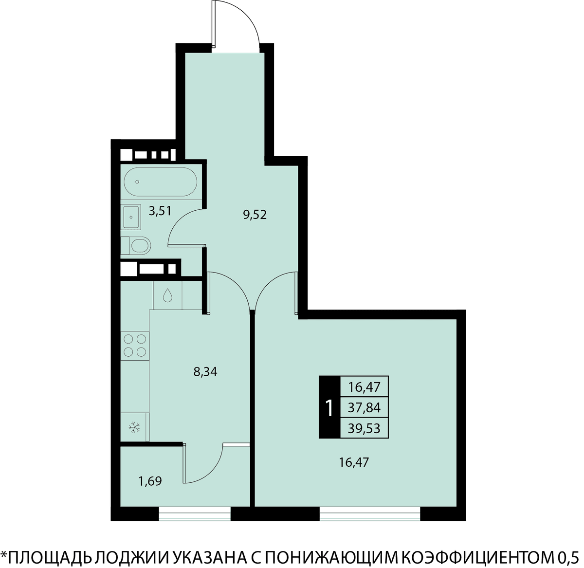 1-к, 39.53 м² · Партенит Парк