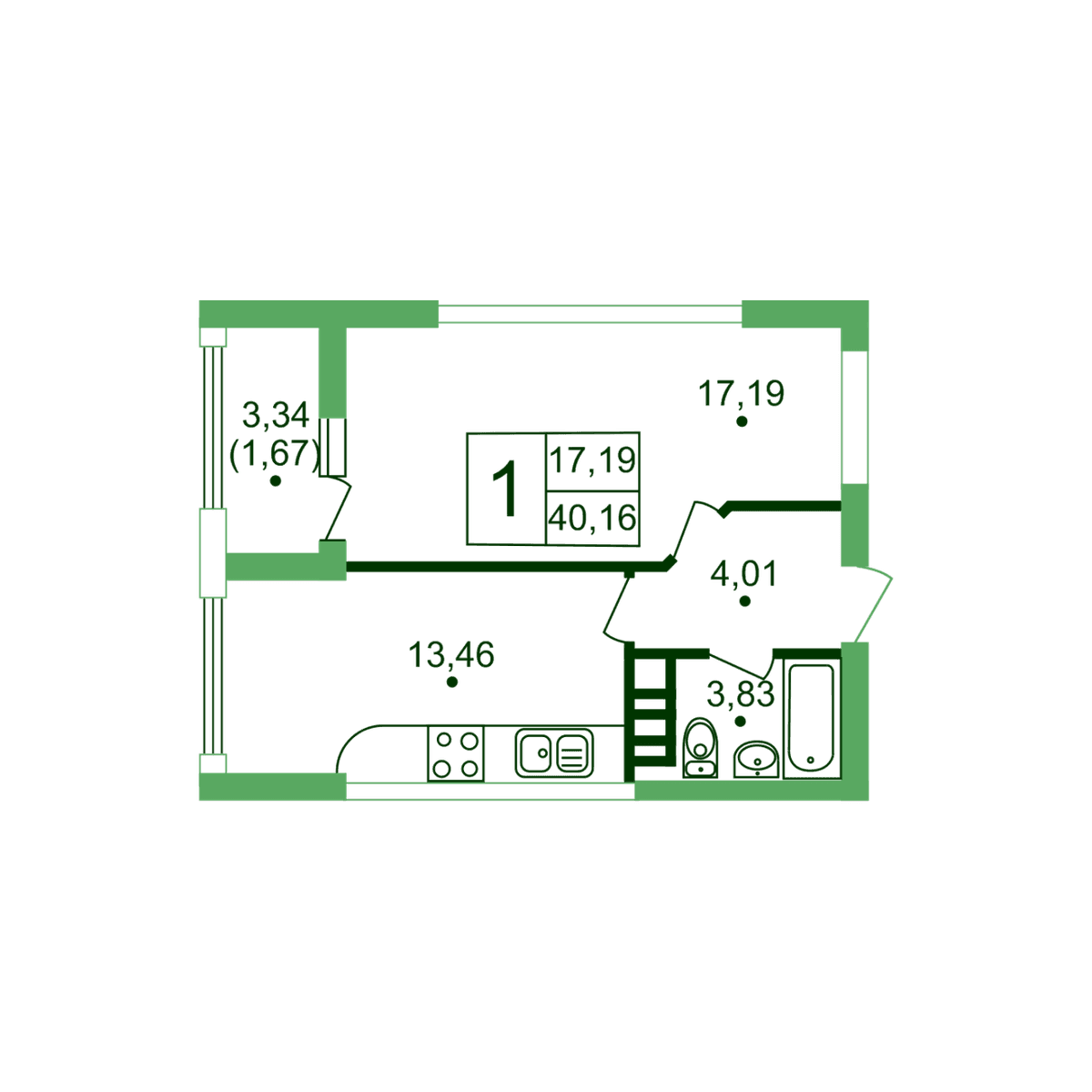 1-к, 39.9 м² · Жигулина Роща