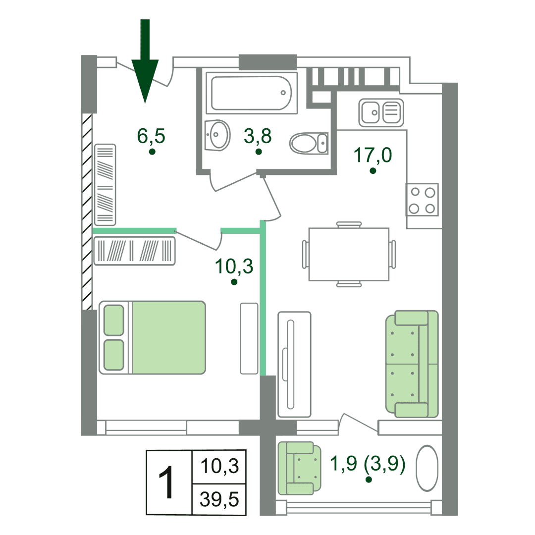 1-к, 39.5 м² · Жигулина Роща