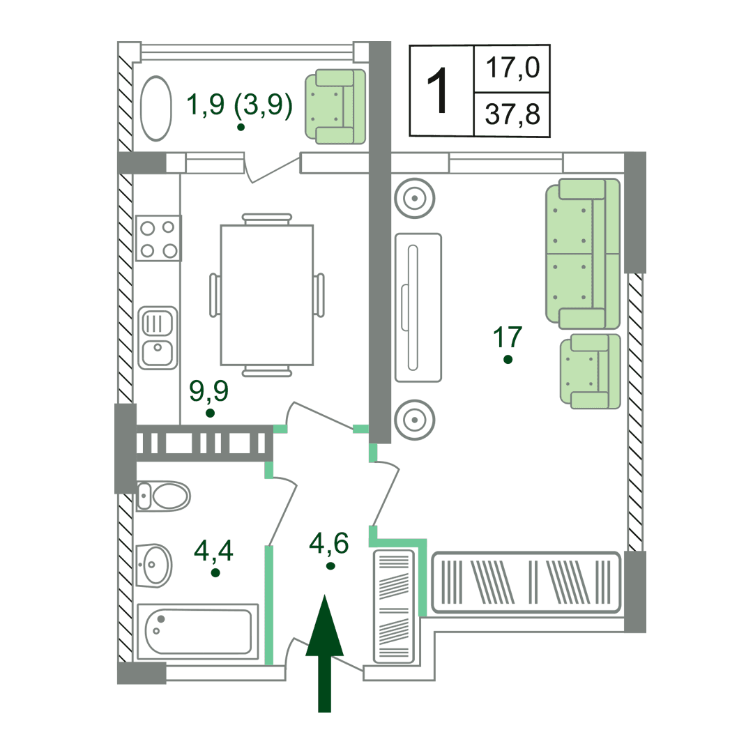1-к, 37.8 м² · Жигулина Роща