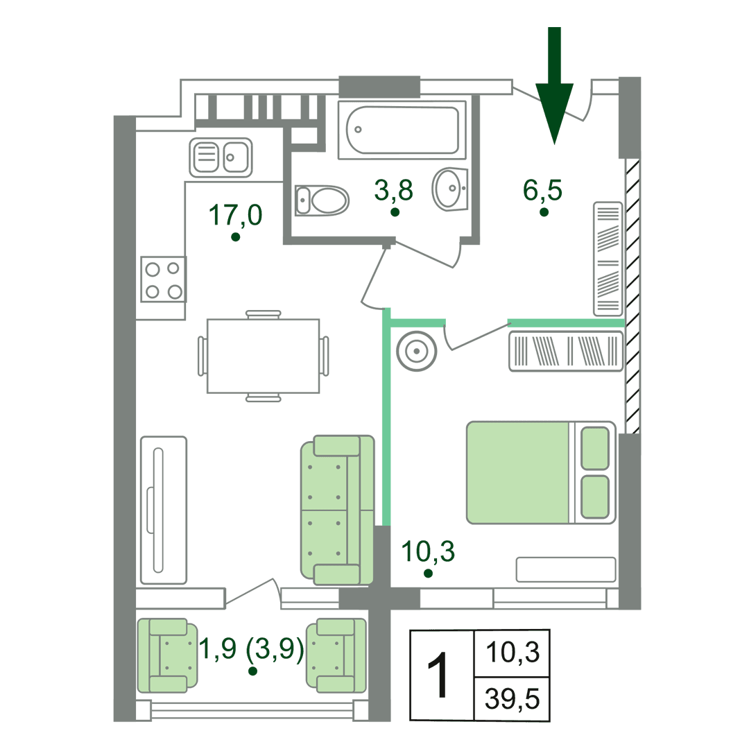 1-к, 39.5 м² · Жигулина Роща