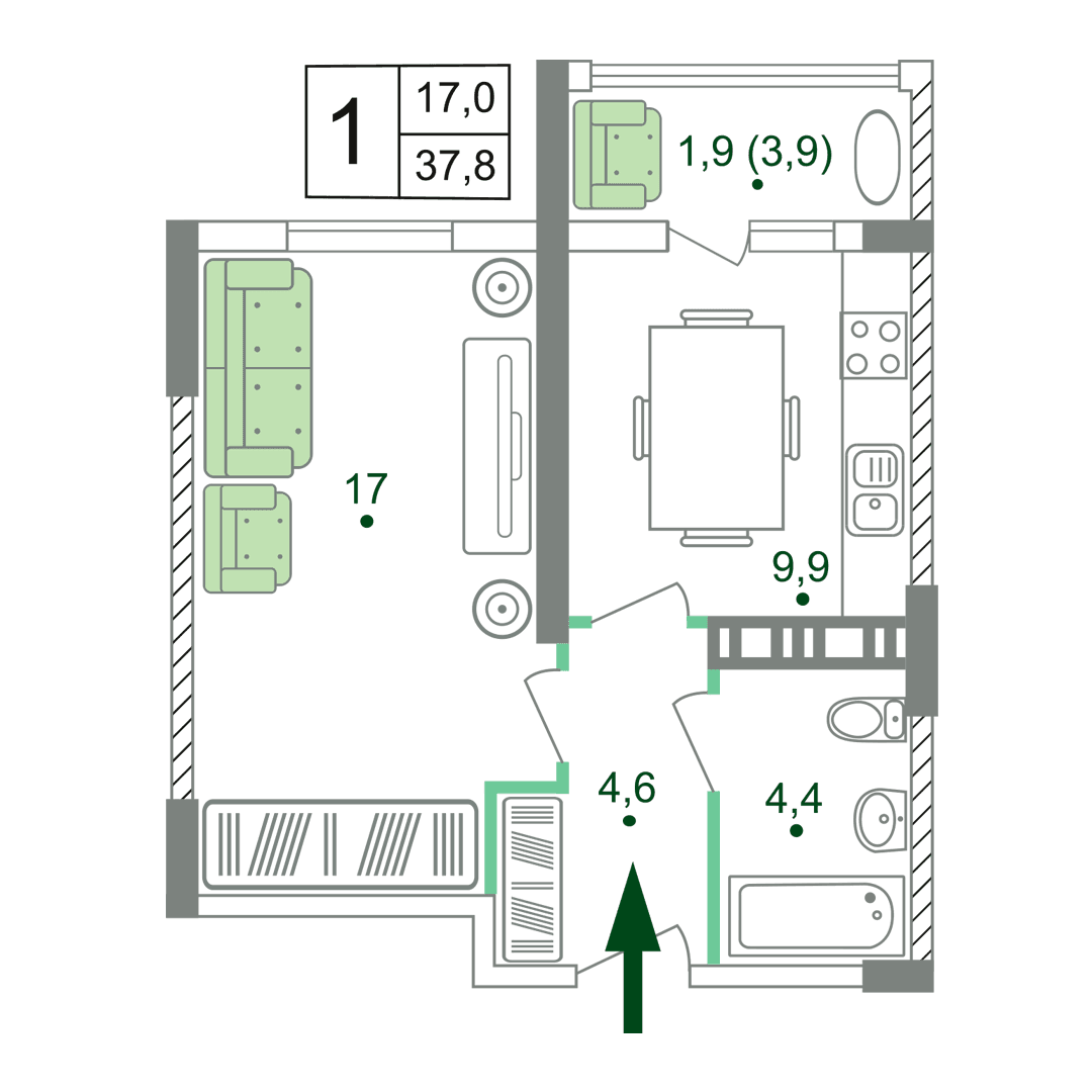1-к, 37.8 м² · Жигулина Роща