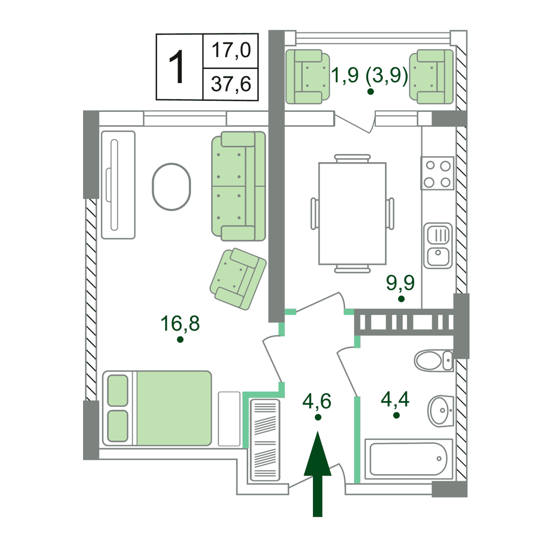 1-к, 37.6 м² · Жигулина Роща