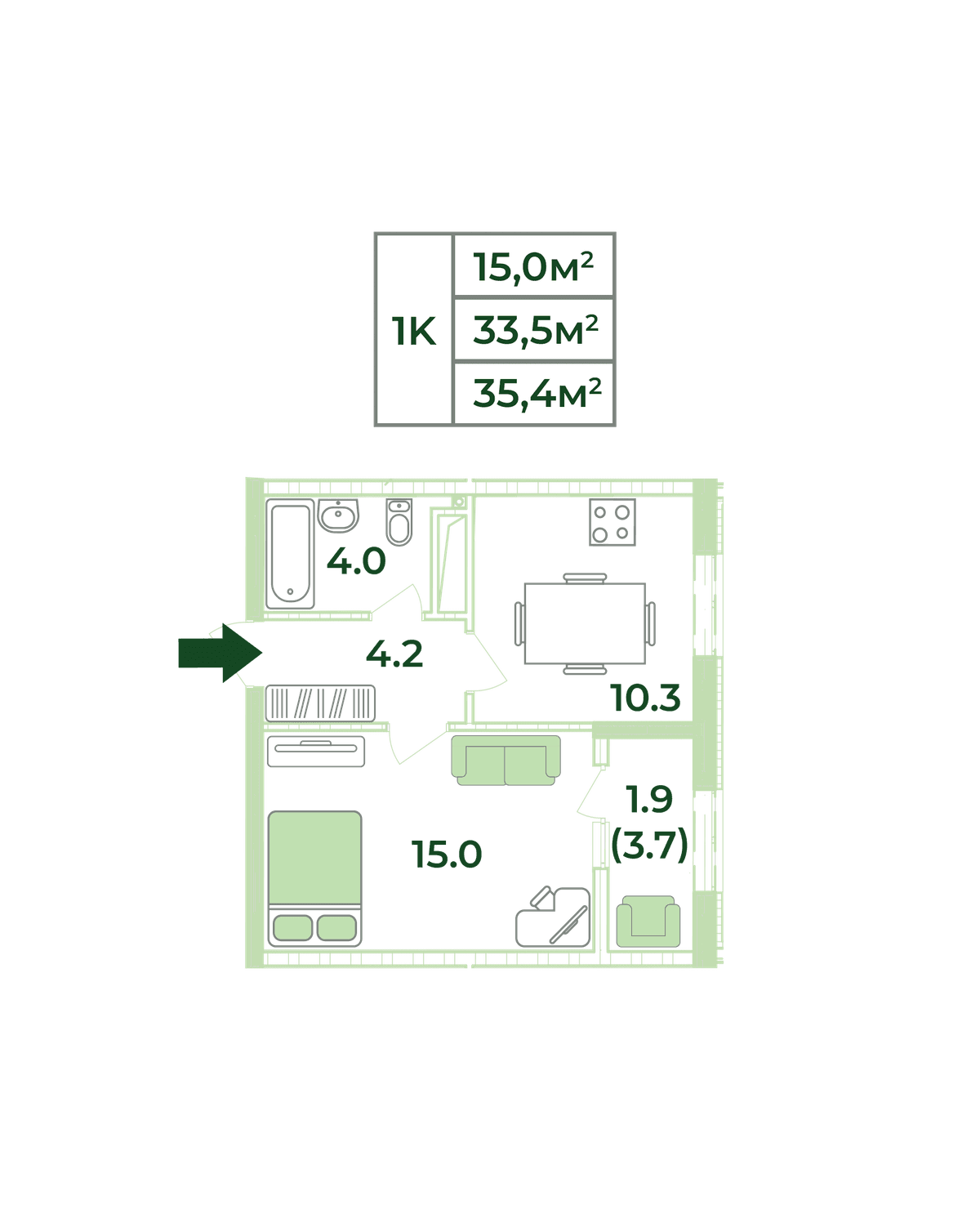 1-к, 35.4 м² · Жигулина Роща