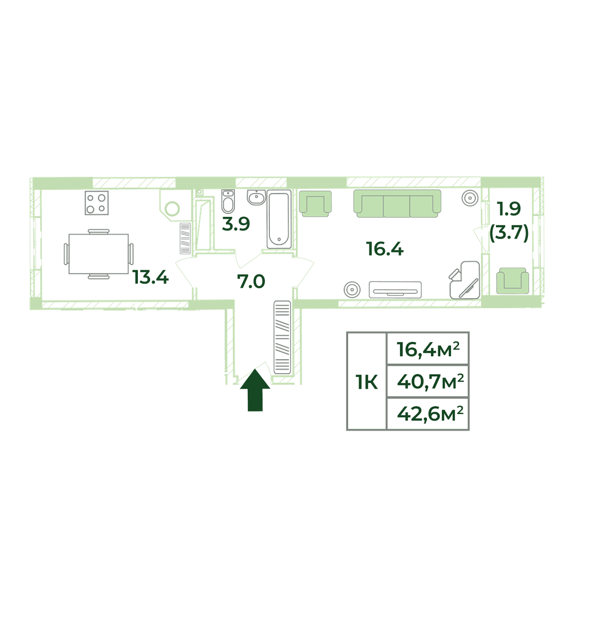 1-к, 42.6 м² · Жигулина Роща