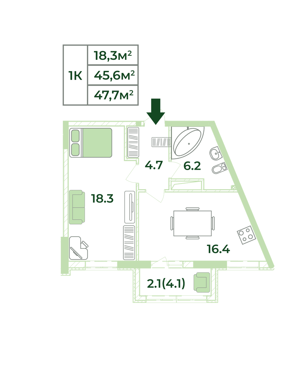 1-к, 47.7 м² · Жигулина Роща