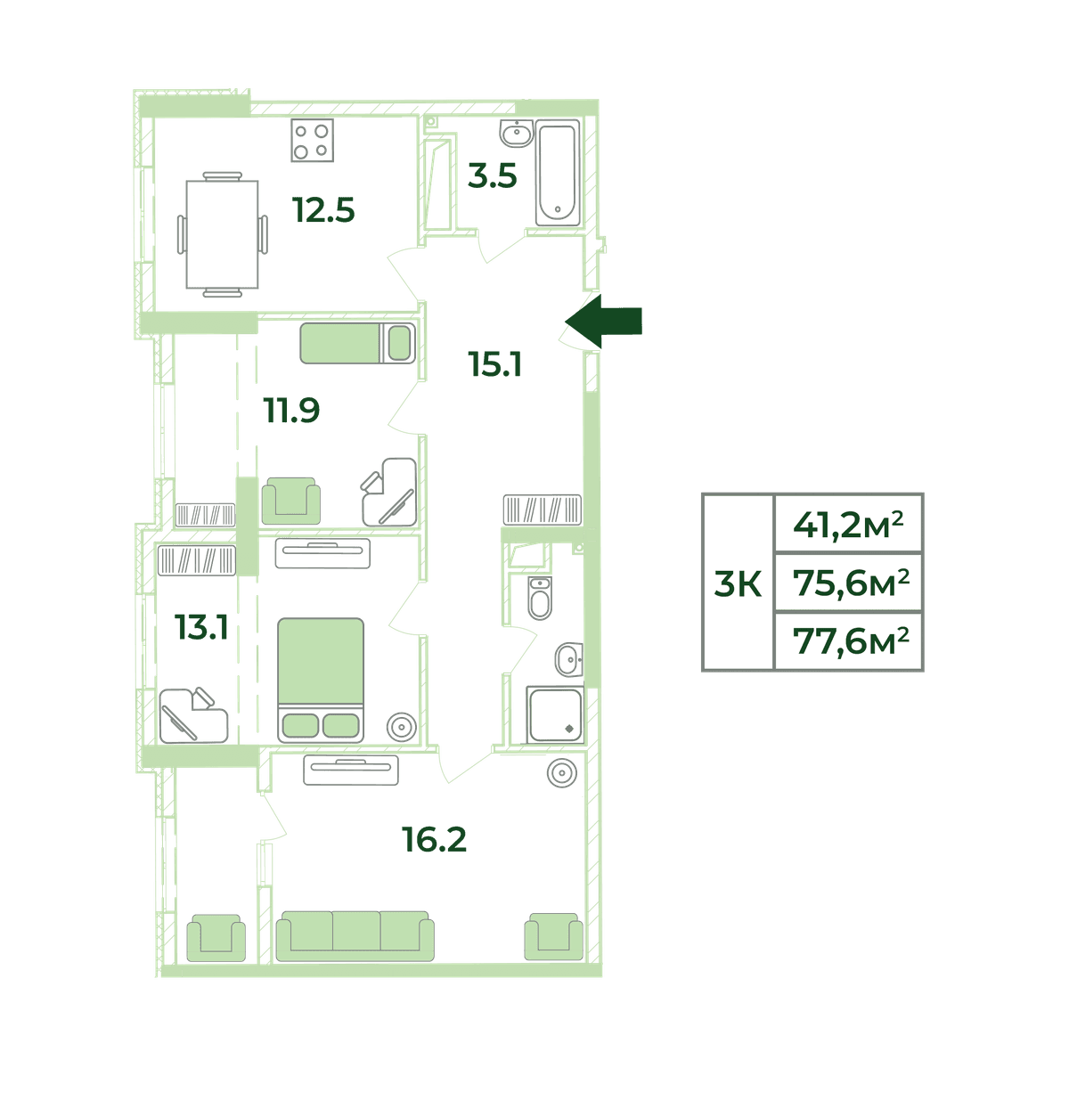 3-к, 77.6 м² · Жигулина Роща