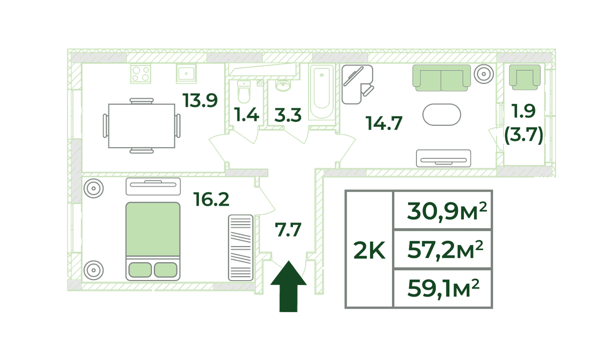 2-к, 59.1 м² · Жигулина Роща