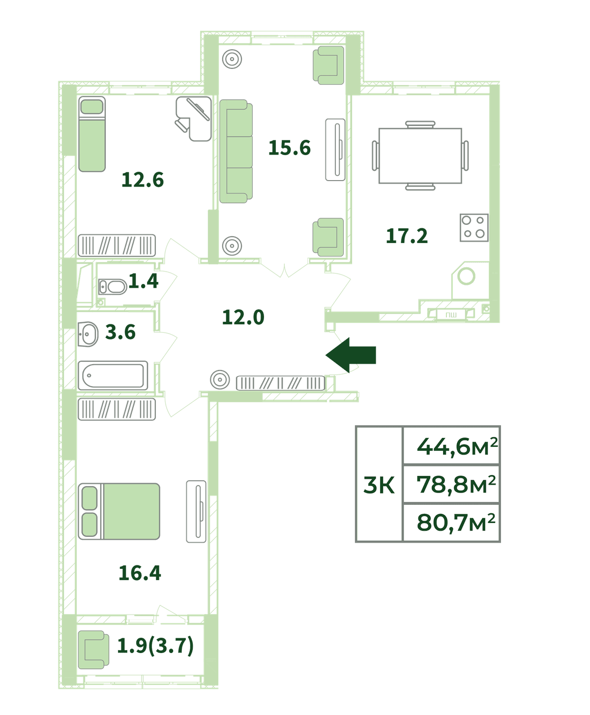 3-к, 80.7 м² · Жигулина Роща
