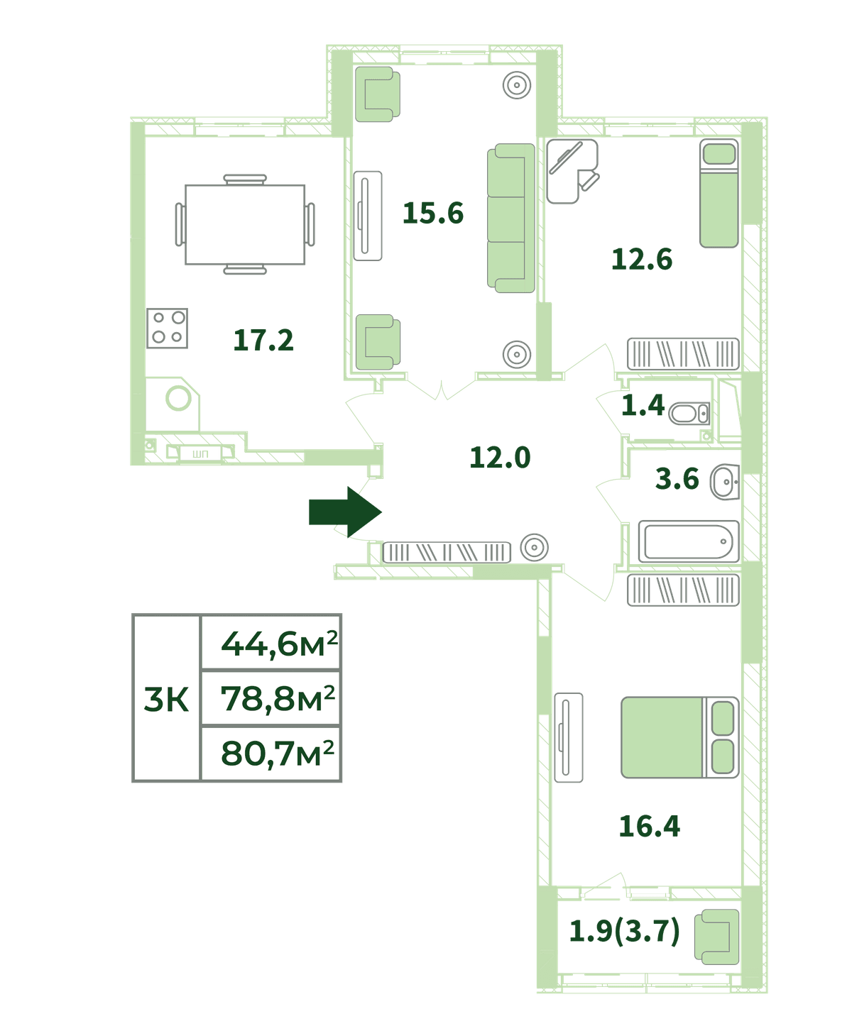 3-к, 80.7 м² · Жигулина Роща