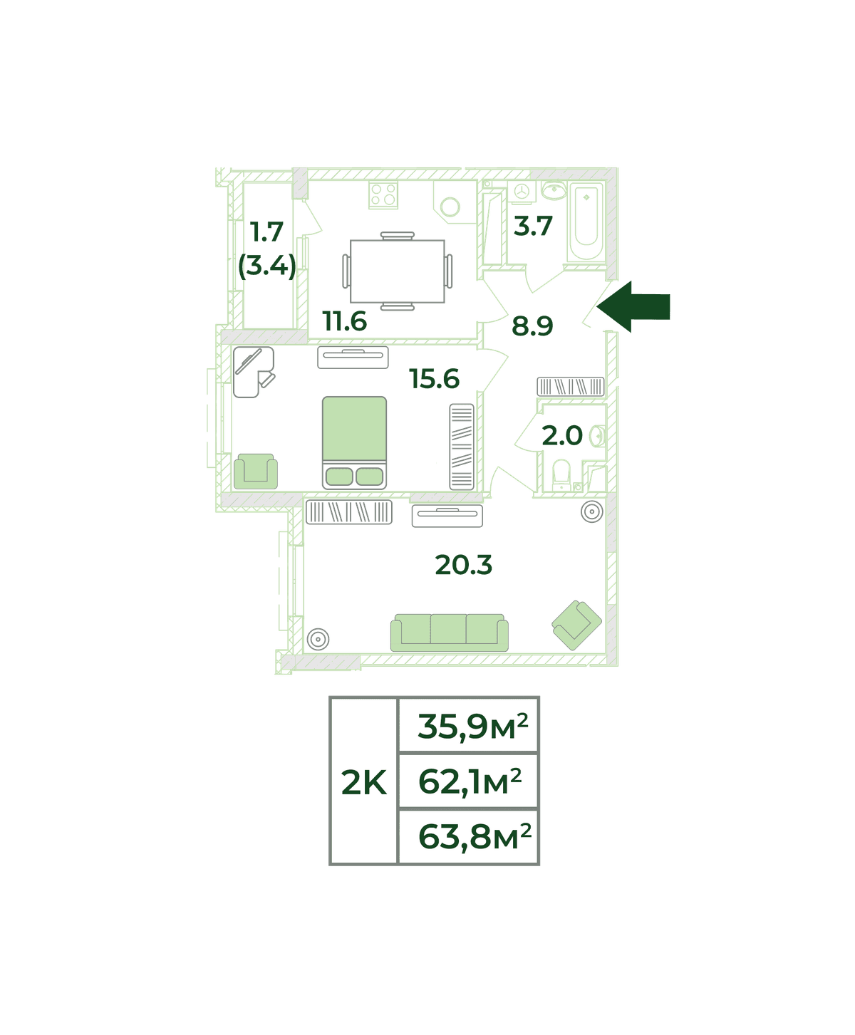 2-к, 63.8 м² · Жигулина Роща