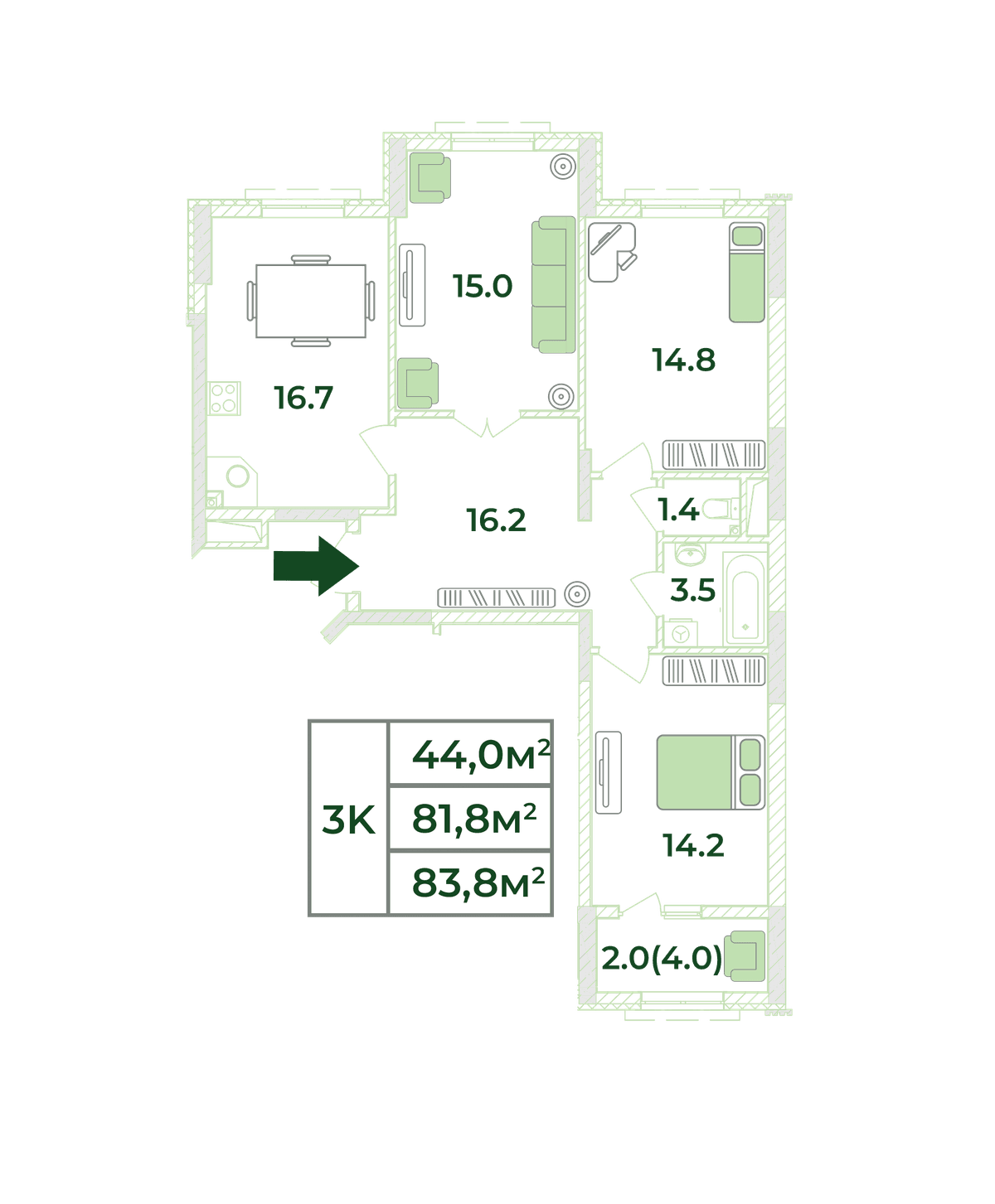 3-к, 83.8 м² · Жигулина Роща