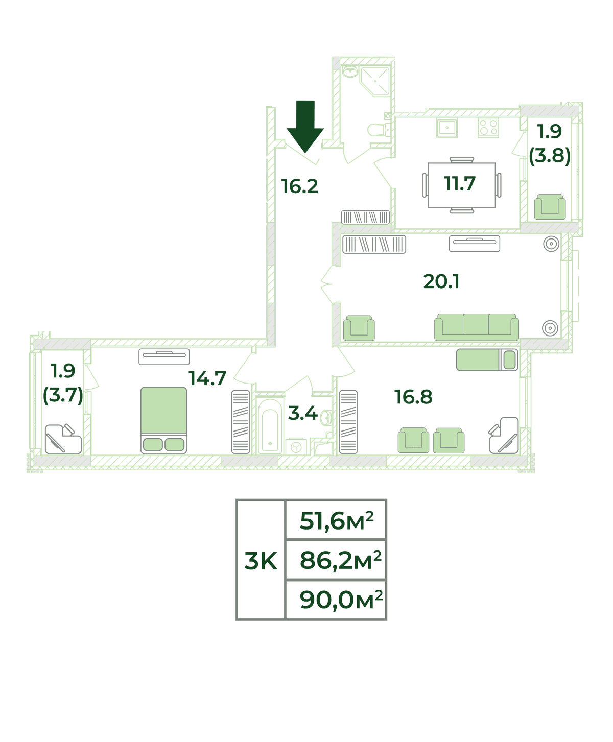 3-к, 90 м² · Жигулина Роща