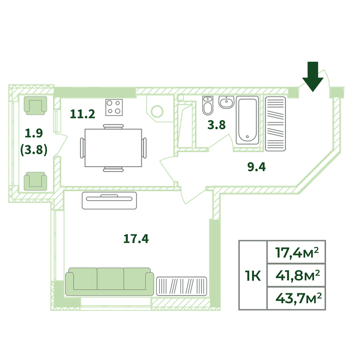 1-к, 43.7 м² · Жигулина Роща
