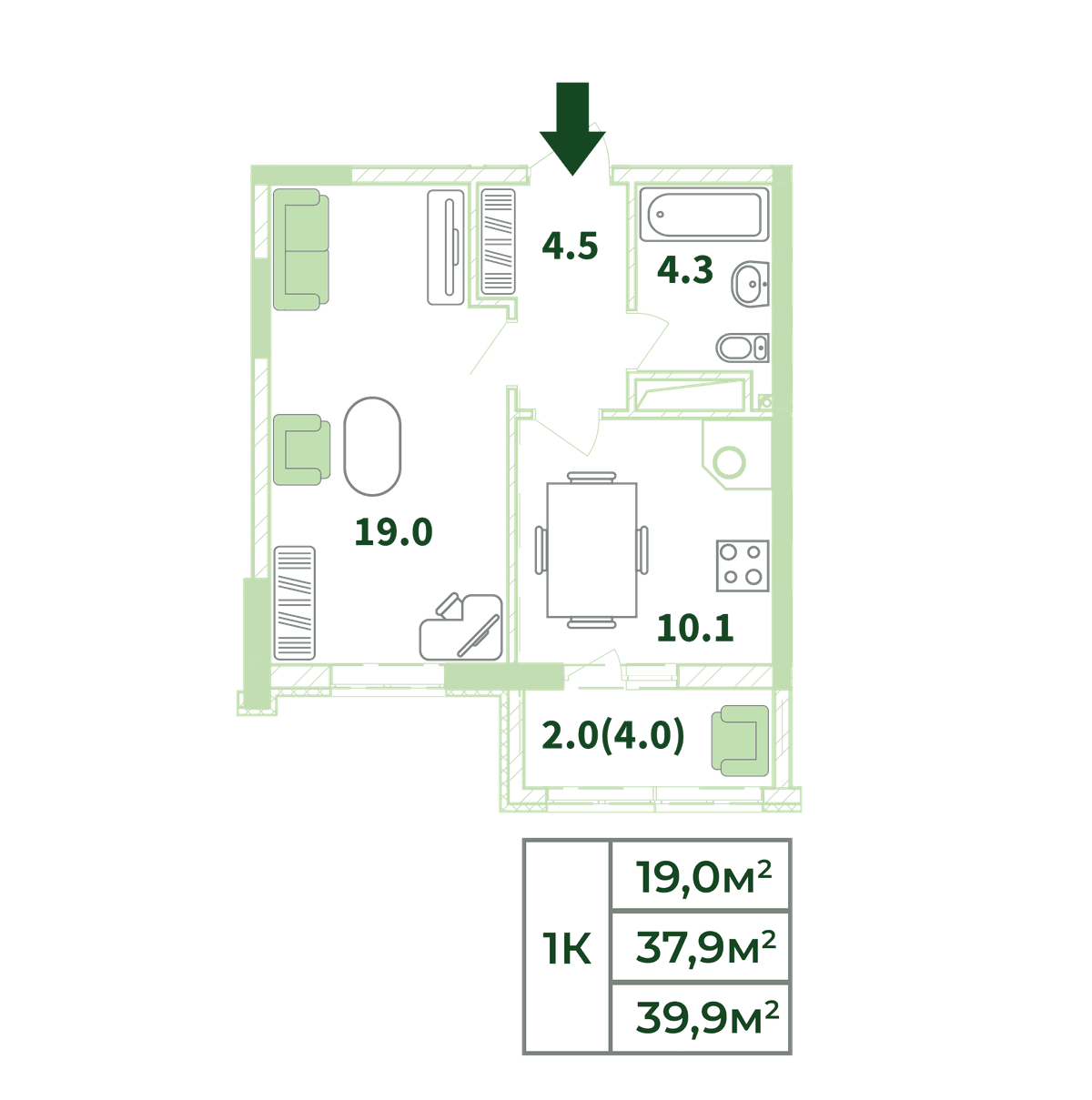 1-к, 39.9 м² · Жигулина Роща