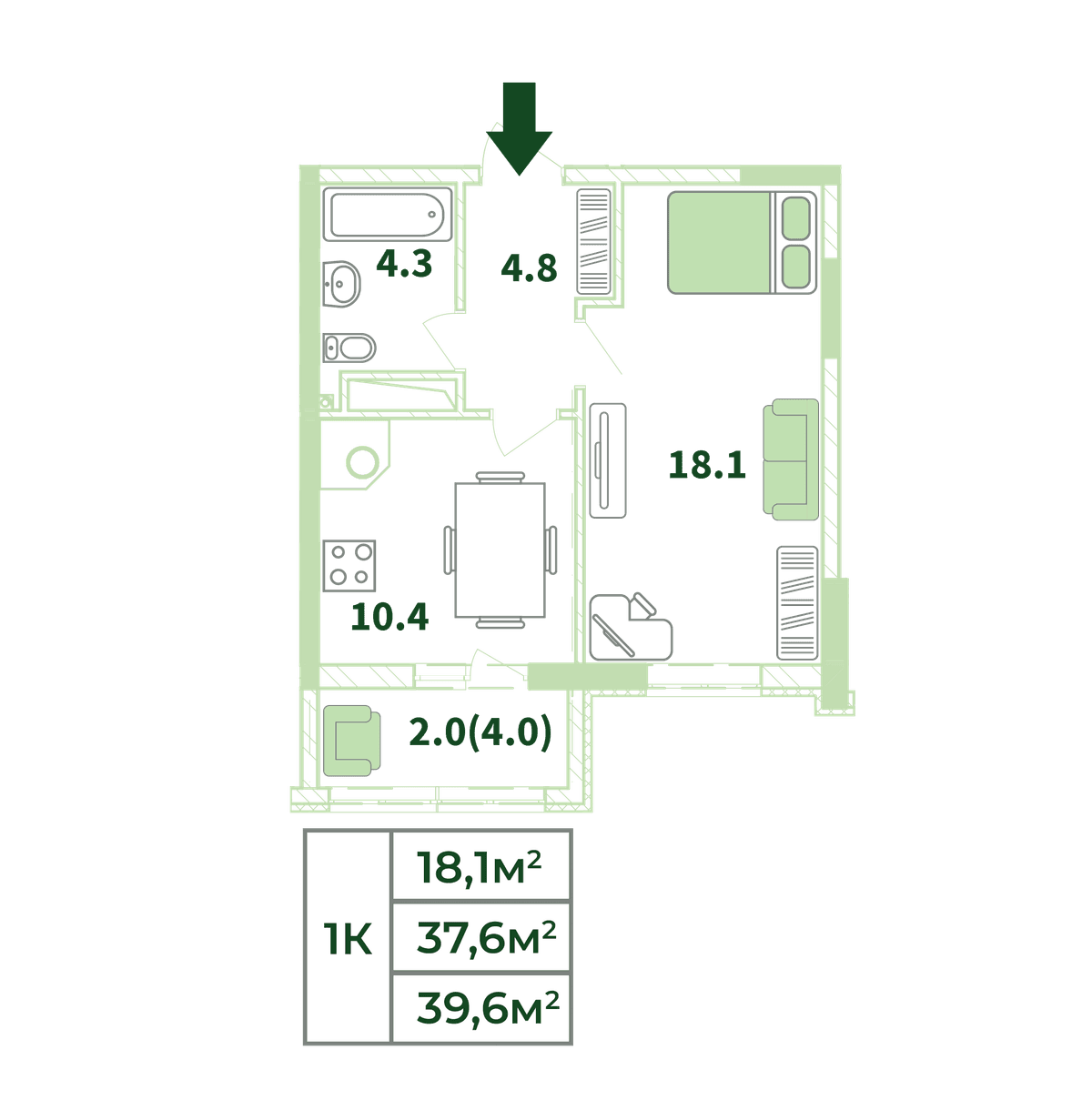 1-к, 39.6 м² · Жигулина Роща