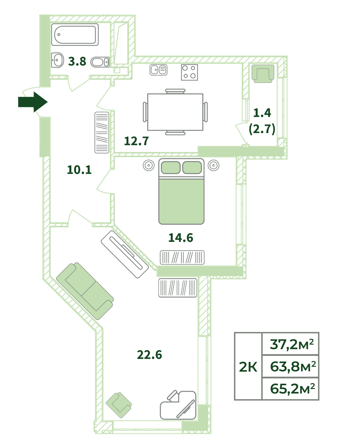 2-к, 65.2 м² · Жигулина Роща