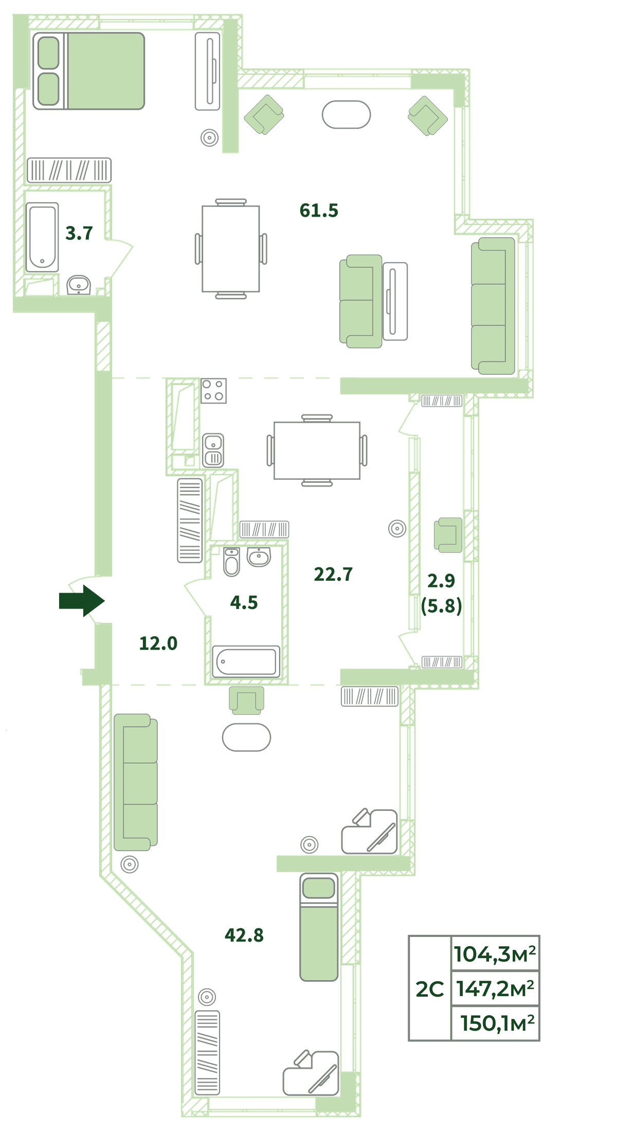 2-к, 150.1 м² · Жигулина Роща