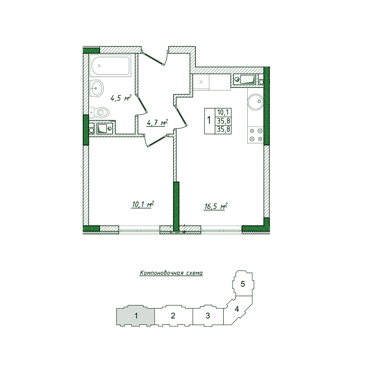1-к, 35.8 м² · Жигулина Роща
