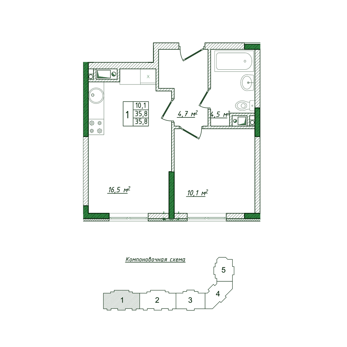 1-к, 35.8 м² · Жигулина Роща