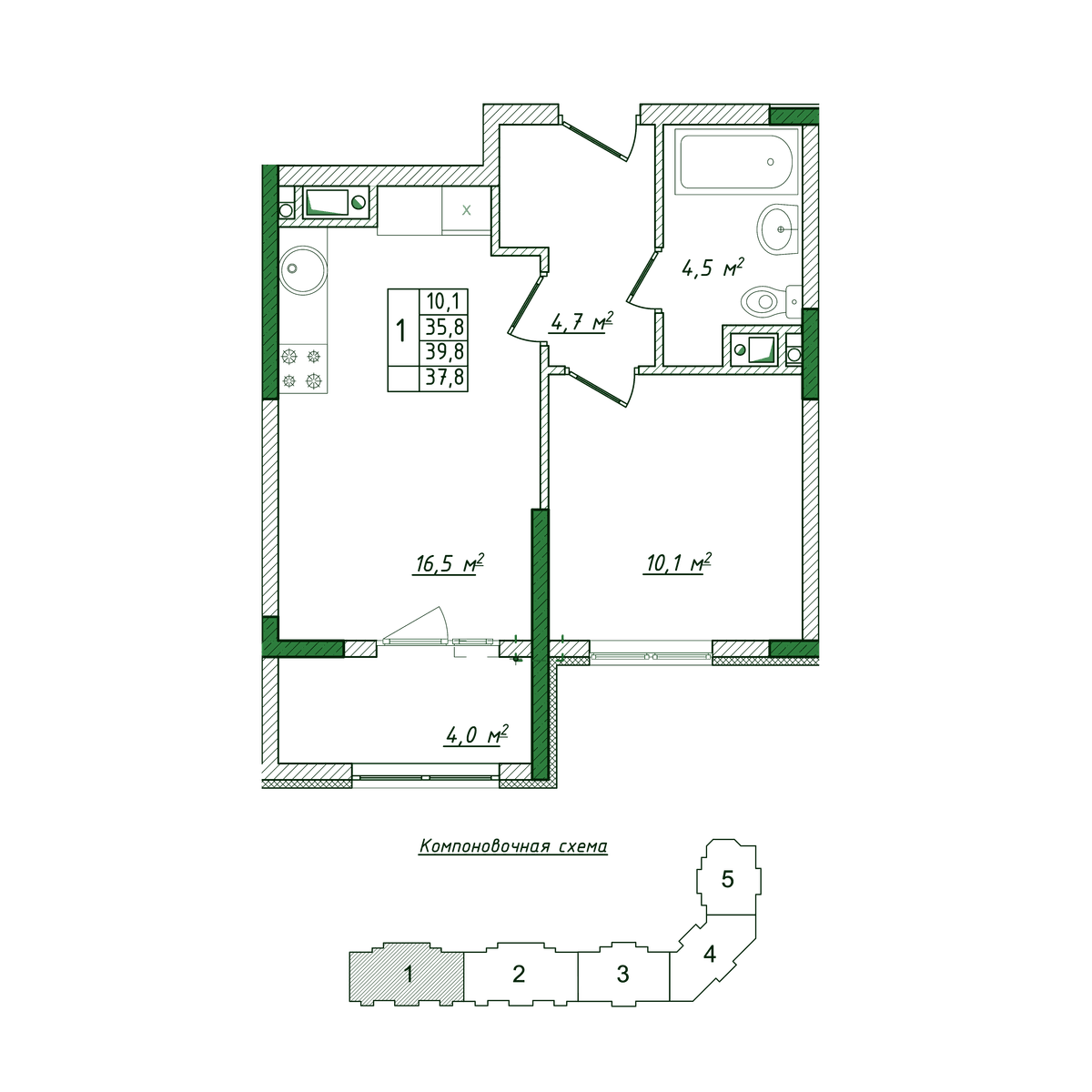 1-к, 37.8 м² · Жигулина Роща