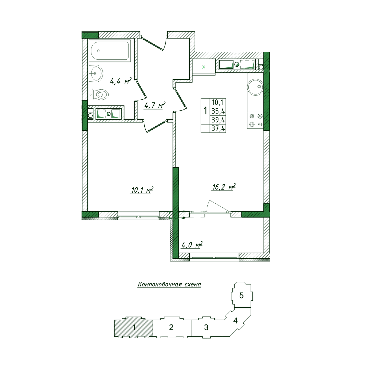 1-к, 37.4 м² · Жигулина Роща