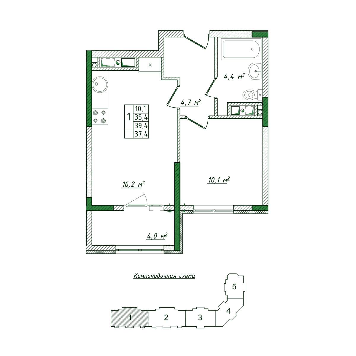 1-к, 37.4 м² · Жигулина Роща