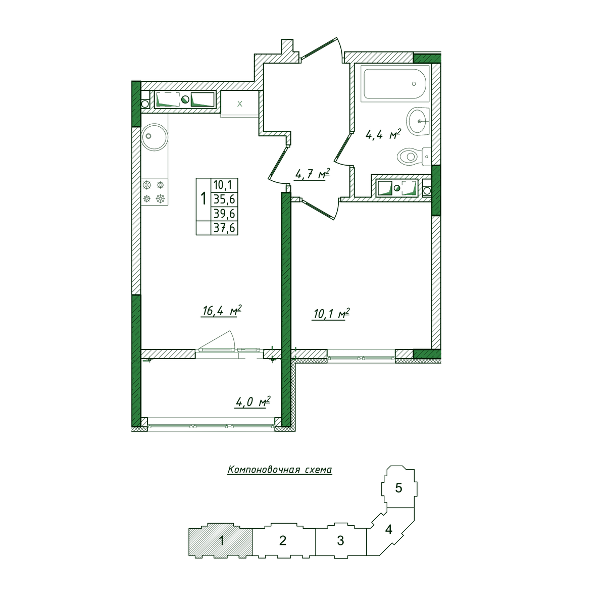 1-к, 37.6 м² · Жигулина Роща