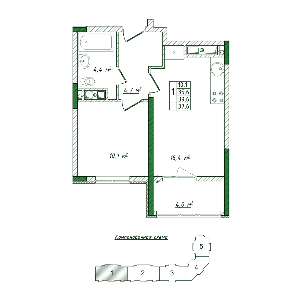 1-к, 37.6 м² · Жигулина Роща