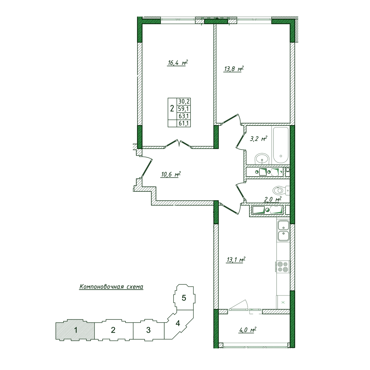 2-к, 61.1 м² · Жигулина Роща