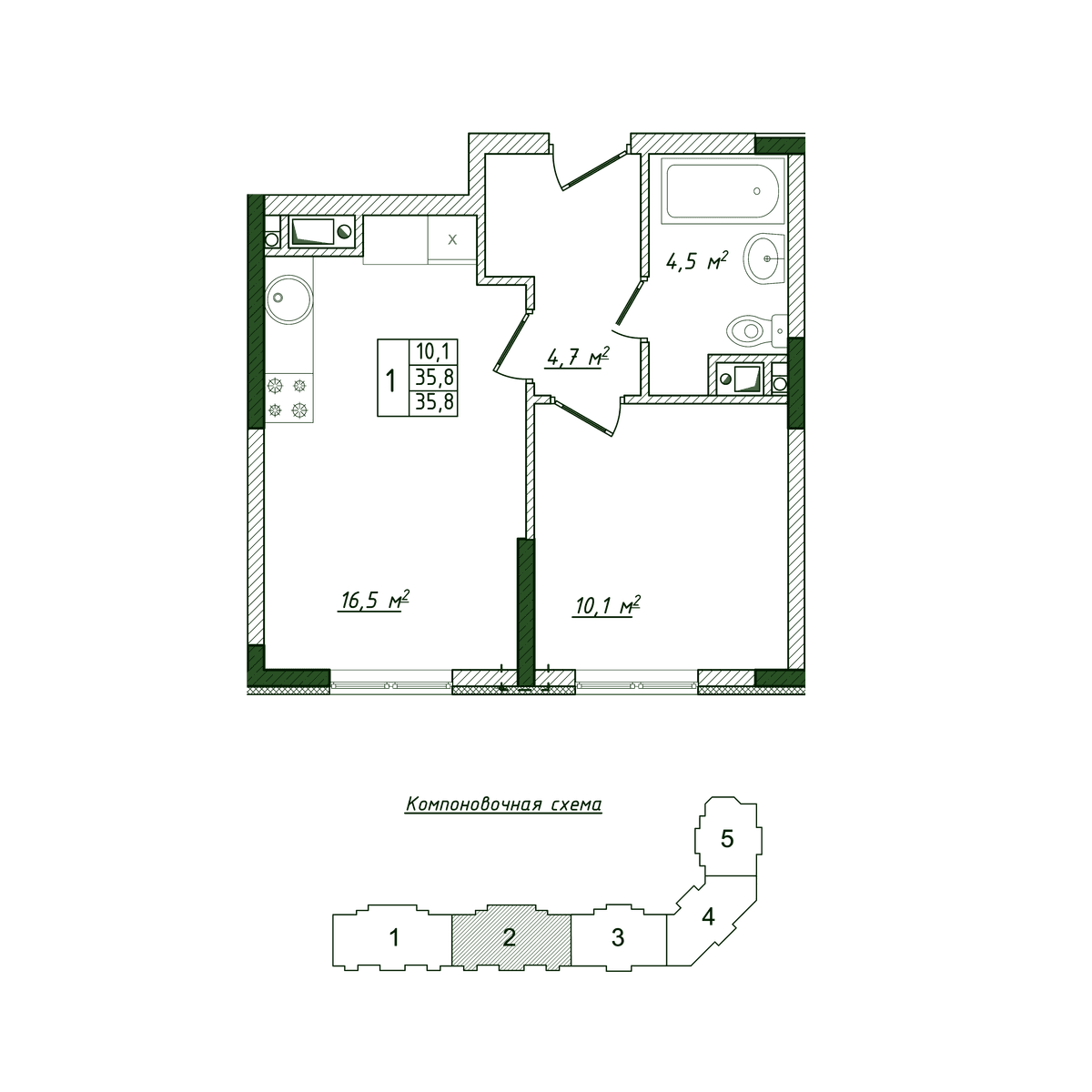 1-к, 35.8 м² · Жигулина Роща
