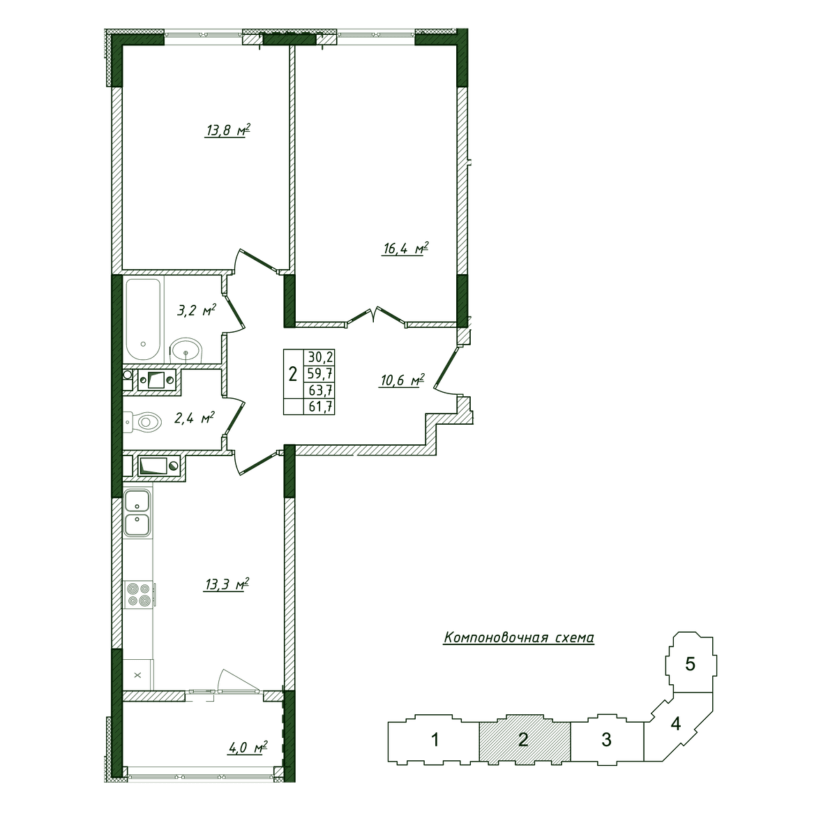 2-к, 61.7 м² · Жигулина Роща
