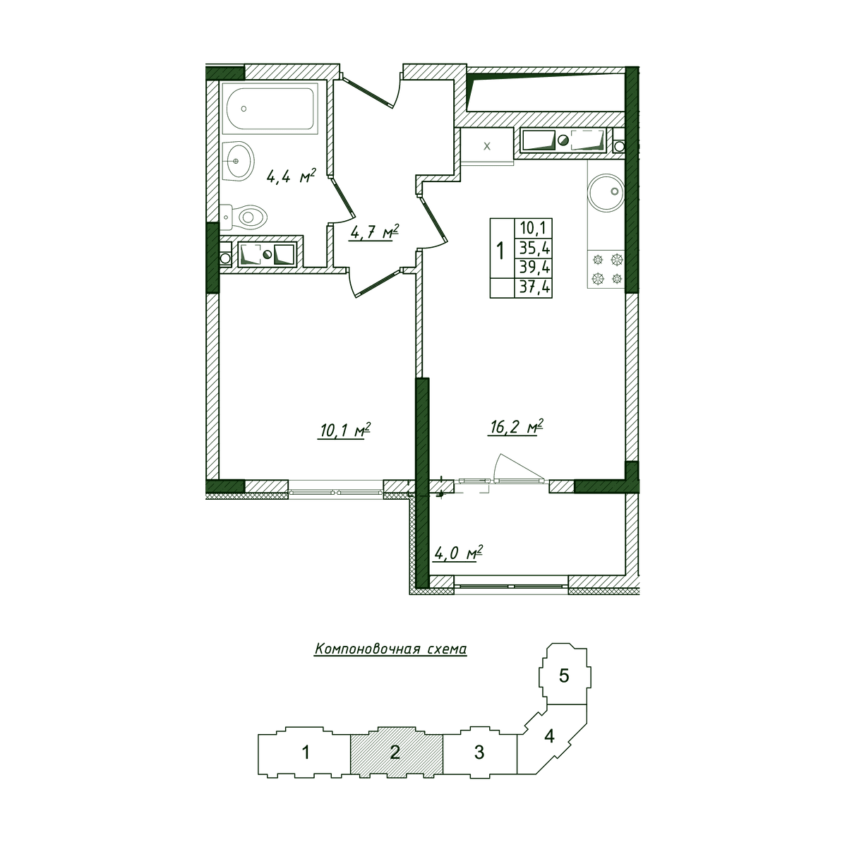 1-к, 37.4 м² · Жигулина Роща
