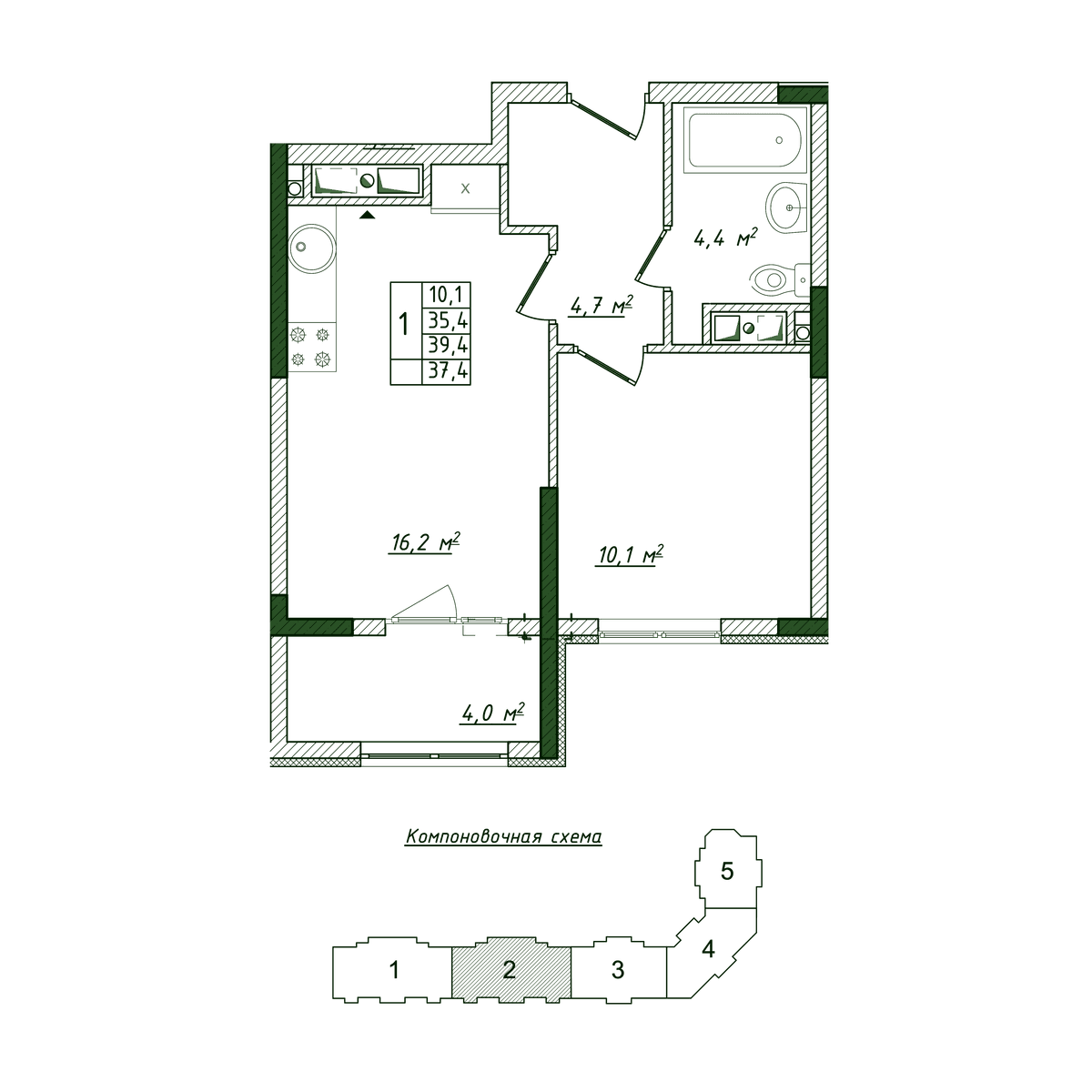 1-к, 37.4 м² · Жигулина Роща