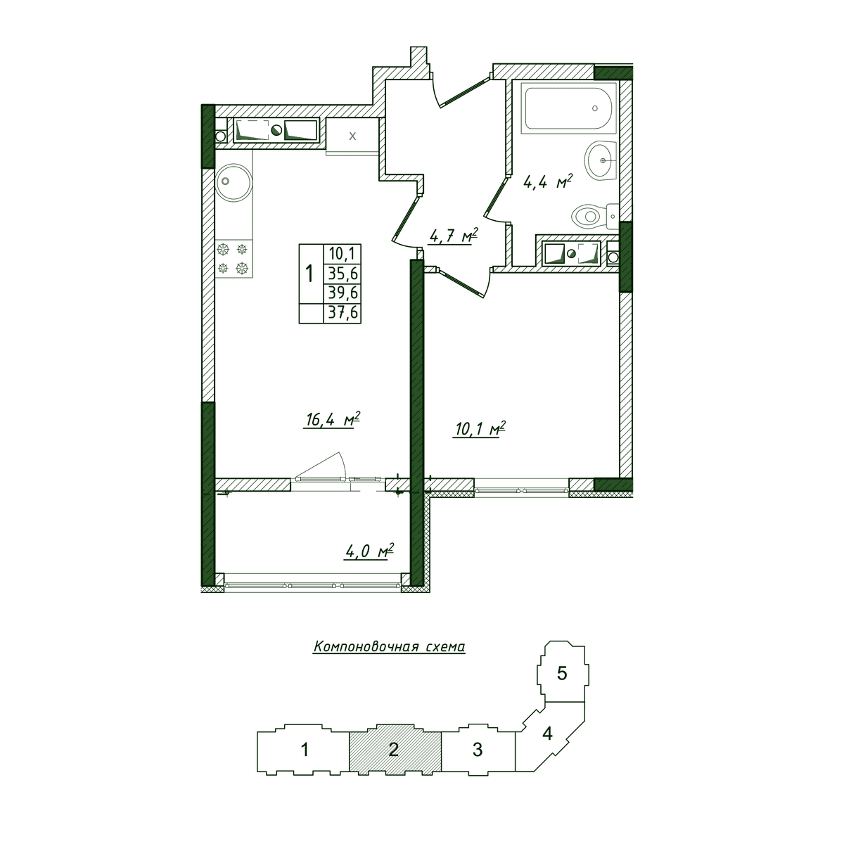 1-к, 37.6 м² · Жигулина Роща