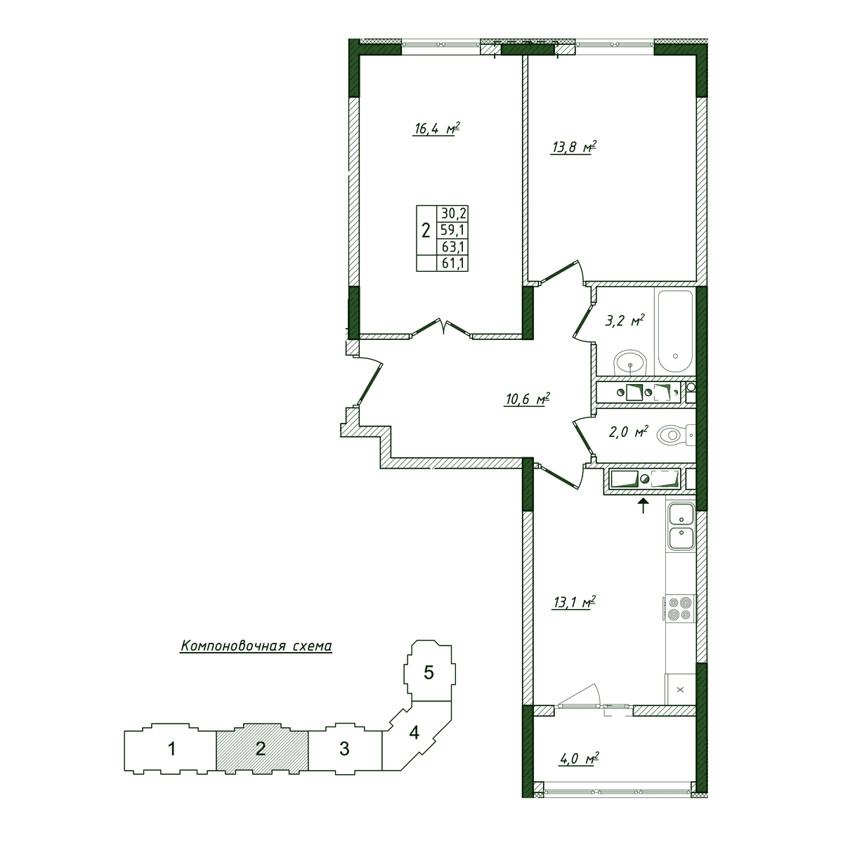 2-к, 61.1 м² · Жигулина Роща