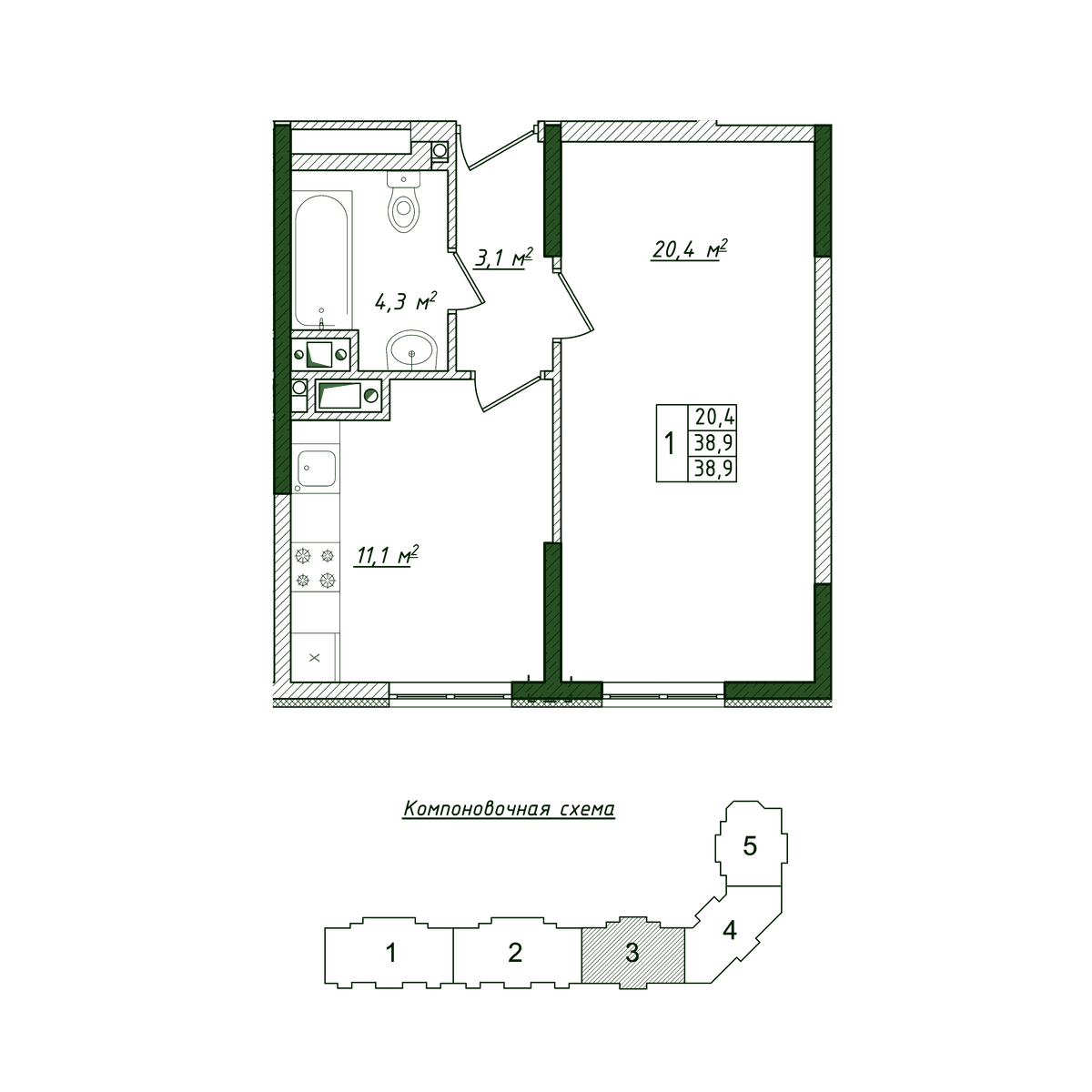 1-к, 38.9 м² · Жигулина Роща
